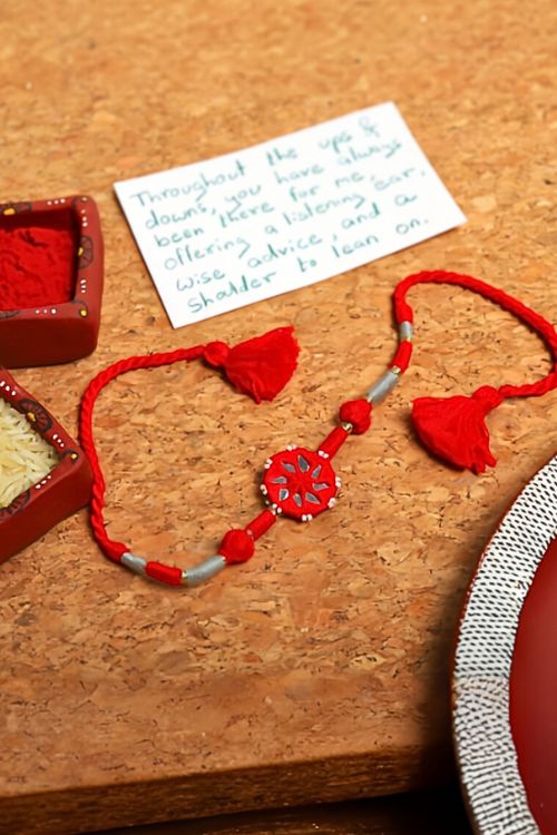 Antarang- Patwa Mirror Work, 100% Cotton, Bhai Rakhi Set. Blue- Red Made By Divyang Rural Women. - Image 3