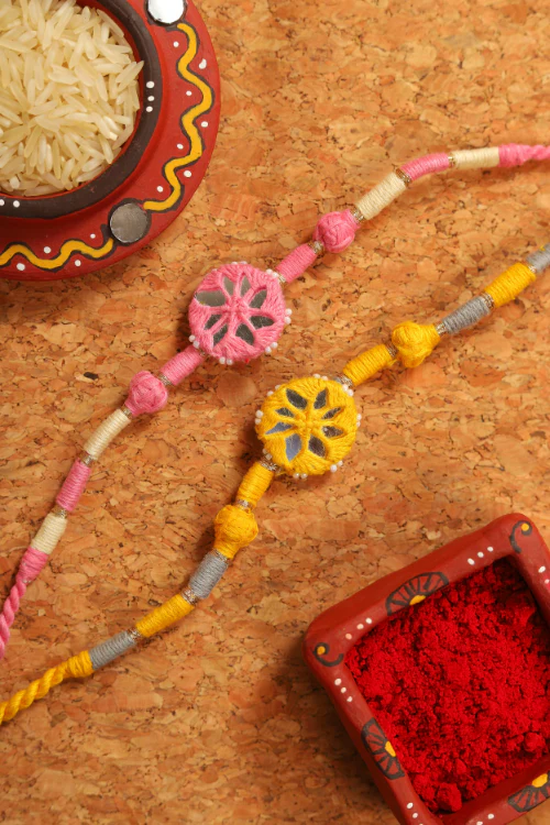 Antarang- Patwa Mirror Work, 100% Cotton, Bhai Rakhi Set. Light Pink-Yellow Made By Divyang Rural Women.