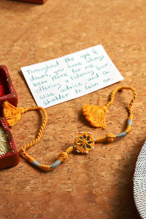 Antarang- Patwa Mirror Work, 100% Cotton, Bhai Rakhi Set. Light Pink-Yellow Made By Divyang Rural Women. - Image 4
