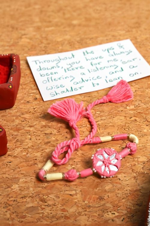 Antarang- Patwa Mirror Work, 100% Cotton, Bhai Rakhi Set. Light Pink-Yellow Made By Divyang Rural Women. - Image 5