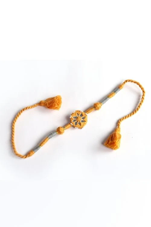 Antarang- Patwa Mirror Work, 100% Cotton, Bhai Rakhi Set. Light Pink-Yellow Made By Divyang Rural Women. - Image 6