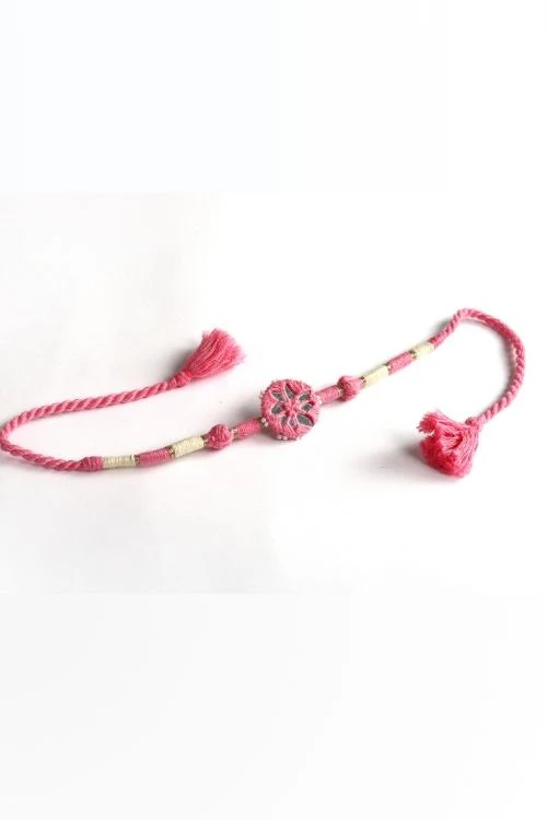 Antarang- Patwa Mirror Work, 100% Cotton, Bhai Rakhi Set. Light Pink-Yellow Made By Divyang Rural Women. - Image 7