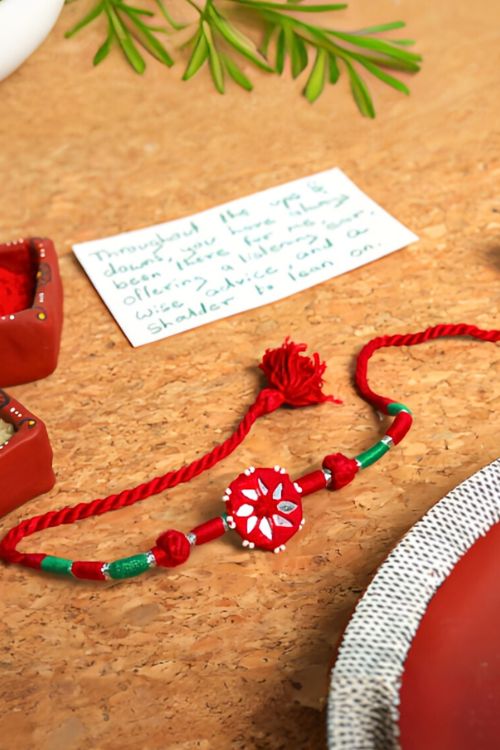 Antarang- Patwa Mirror Work, 100% Cotton, Bhai Rakhi Set. Marron-Green. Made By Divyang Rural Women. - Image 2