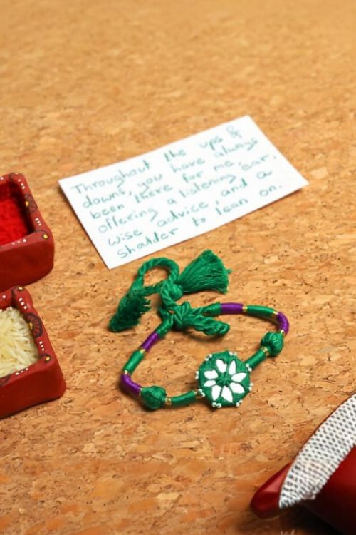 Antarang- Patwa Mirror Work, 100% Cotton, Bhai Rakhi Set. Marron-Green. Made By Divyang Rural Women. - Image 3