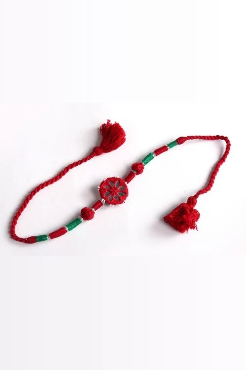 Antarang- Patwa Mirror Work, 100% Cotton, Bhai Rakhi Set. Marron-Green. Made By Divyang Rural Women. - Image 4