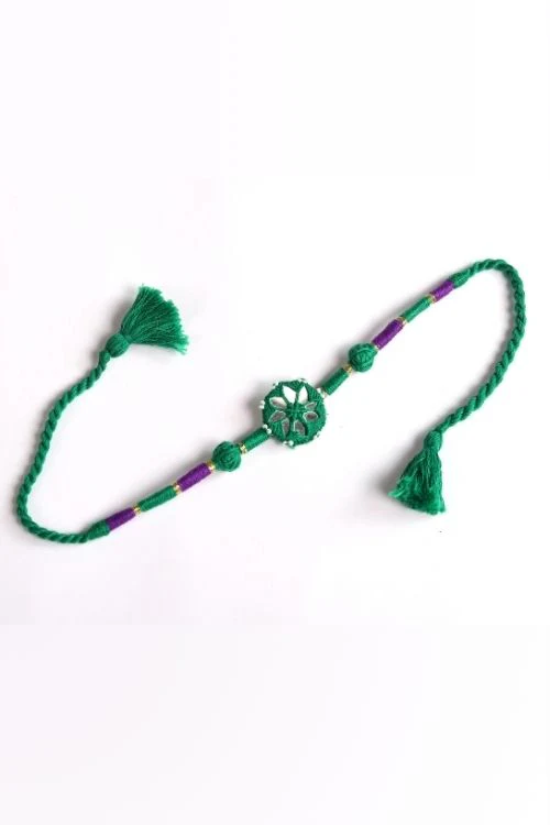 Antarang- Patwa Mirror Work, 100% Cotton, Bhai Rakhi Set. Marron-Green. Made By Divyang Rural Women. - Image 5