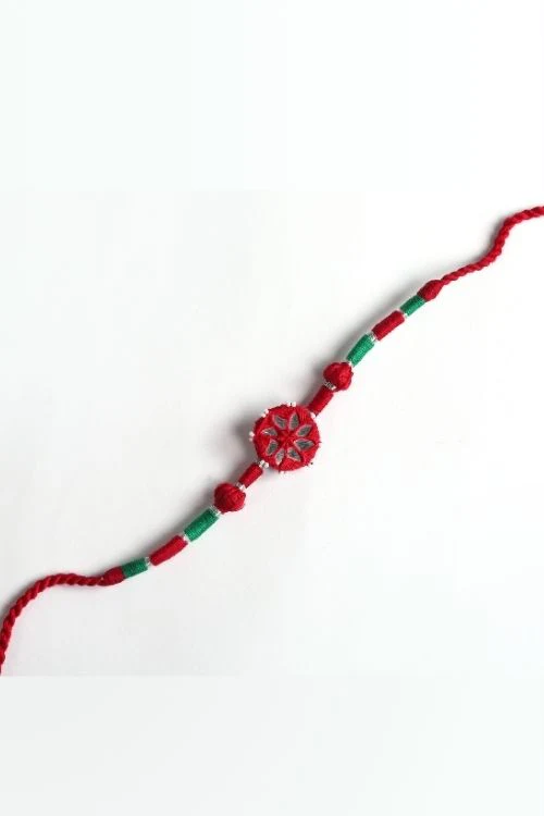 Antarang- Patwa Mirror Work, 100% Cotton, Bhai Rakhi Set. Marron-Green. Made By Divyang Rural Women. - Image 6