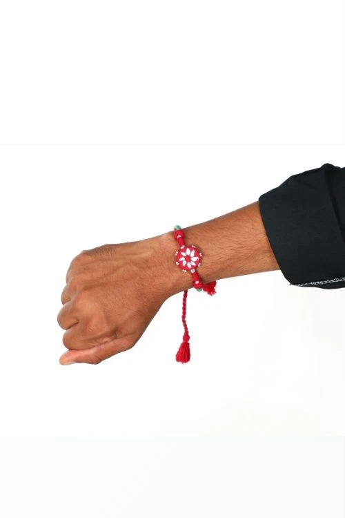 Antarang- Patwa Mirror Work, 100% Cotton, Bhai Rakhi Set. Marron-Green. Made By Divyang Rural Women. - Image 8