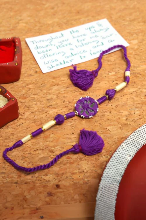 Antarang- Patwa Mirror Work, 100% Cotton, Bhai Rakhi Set. Purple- Yellow Ocher Made By Divyang Rural Women. - Image 2