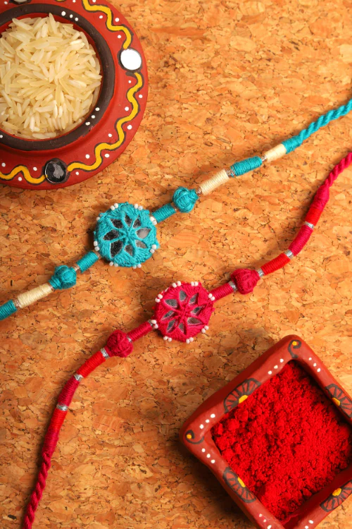 Antarang- Patwa Mirror Work, 100% Cotton, Bhai Rakhi Set. Turkoish Blue -Pink, Made By Divyang Rural Women.