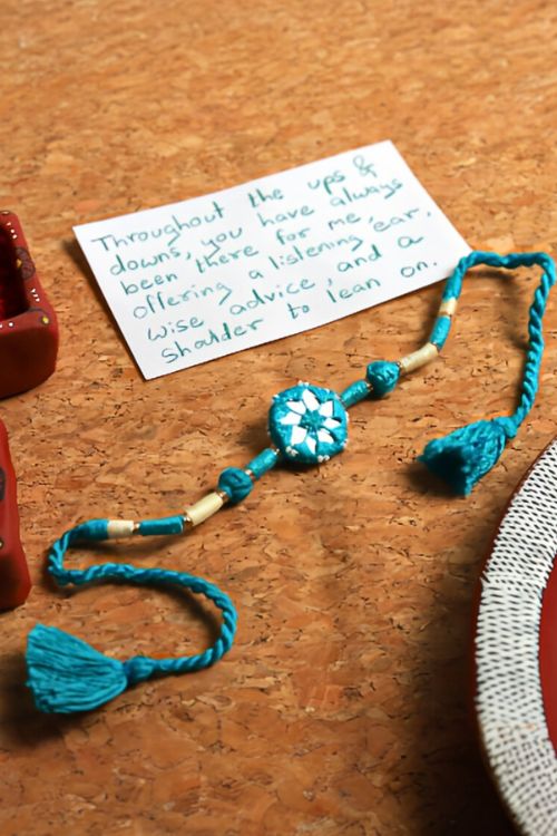Antarang- Patwa Mirror Work, 100% Cotton, Bhai Rakhi Set. Turkoish Blue -Pink, Made By Divyang Rural Women. - Image 2