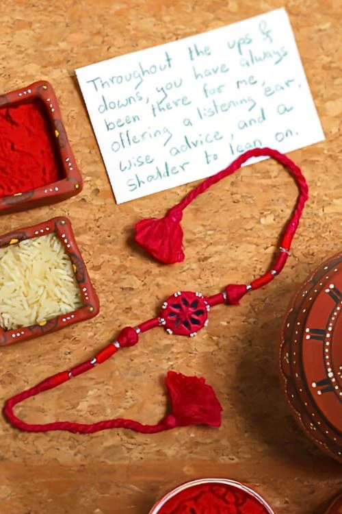 Antarang- Patwa Mirror Work, 100% Cotton, Bhai Rakhi Set. Turkoish Blue -Pink, Made By Divyang Rural Women. - Image 3