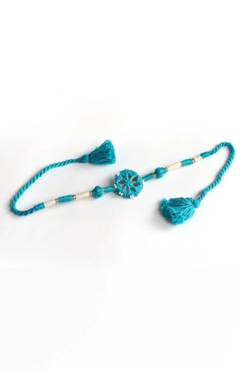 Antarang- Patwa Mirror Work, 100% Cotton, Bhai Rakhi Set. Turkoish Blue -Pink, Made By Divyang Rural Women. - Image 4