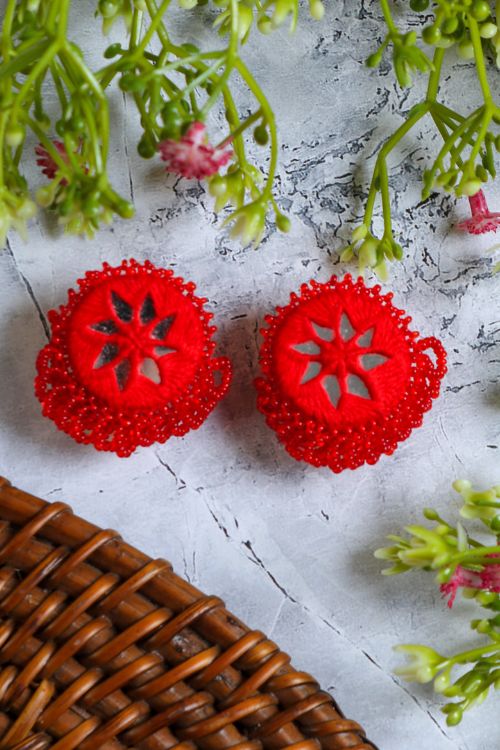Antarang- Red Bead Jumki Earing,  100% Cotton. Valentine Special. Hand Made By Divyang Rural Women. - Image 2