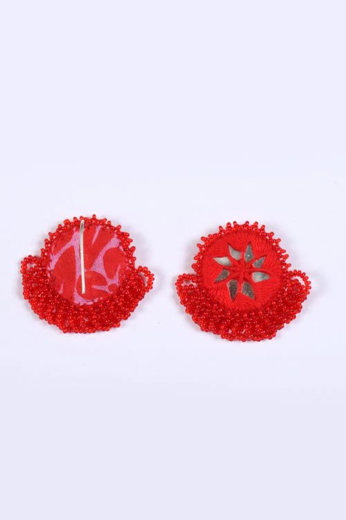 Antarang- Red Bead Jumki Earing,  100% Cotton. Valentine Special. Hand Made By Divyang Rural Women. - Image 3