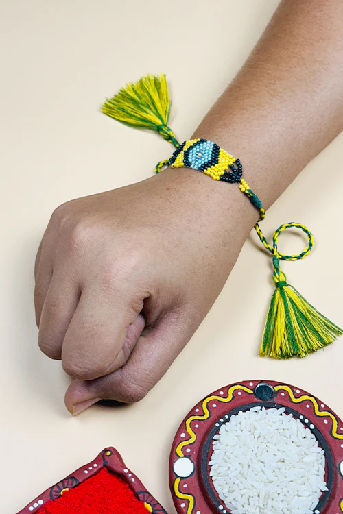 Antarang (Set Of 2) Saurastra Beadwork Rakhi, 100% Cotton, Bhai Rakhi. Green -Yelllow. Made By Divyang Rural Women