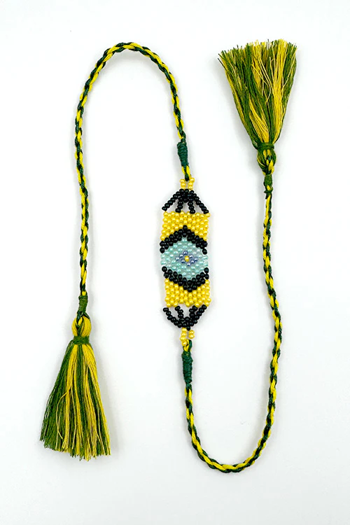 Antarang (Set Of 2) Saurastra Beadwork Rakhi, 100% Cotton, Bhai Rakhi. Green -Yelllow. Made By Divyang Rural Women - Image 2