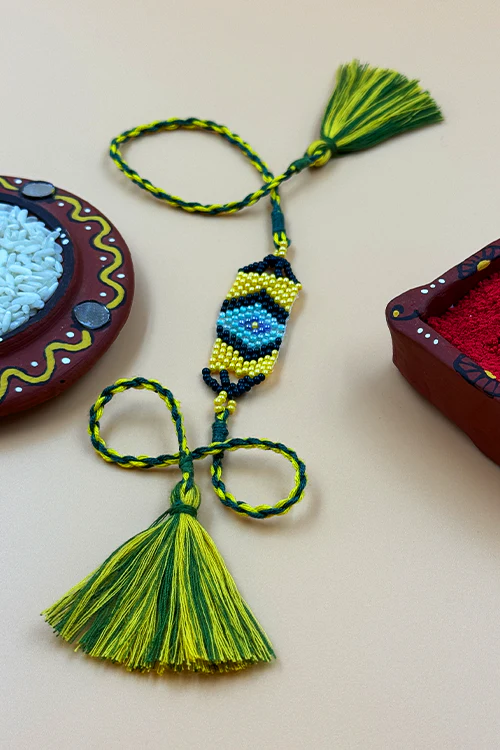 Antarang (Set Of 2) Saurastra Beadwork Rakhi, 100% Cotton, Bhai Rakhi. Green -Yelllow. Made By Divyang Rural Women - Image 3