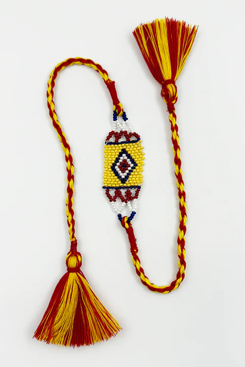 Antarang (Set Of 2) Traditional Saurastra Beadwork Rakhi, 100% Cotton, Bhai Rakhi. Yellow-Marron. Made By Divyang Rural Women - Image 3