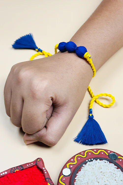 Antarang  (Set Of 2) Upcycle Rakhi 100% Cotton, Bhai Rakhi. Bright Yellow, Made By Divyang Rural Women. - Image 2