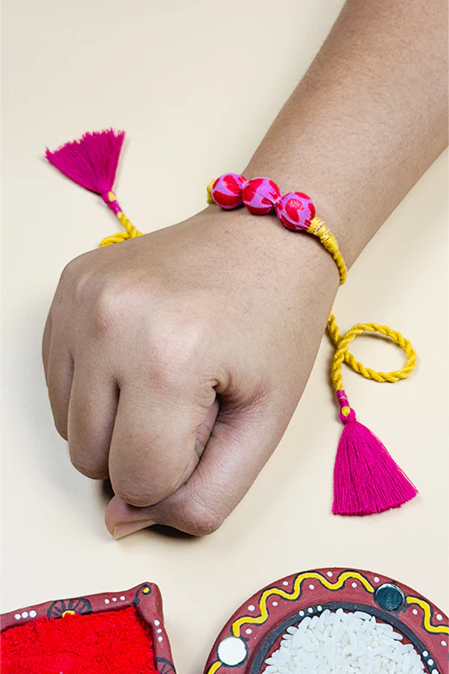 Antarang (Set Of 2) Upcycle Rakhi 100% Cotton, Bhai Rakhi. Ocher Yellow, Made By Divyang Rural Women