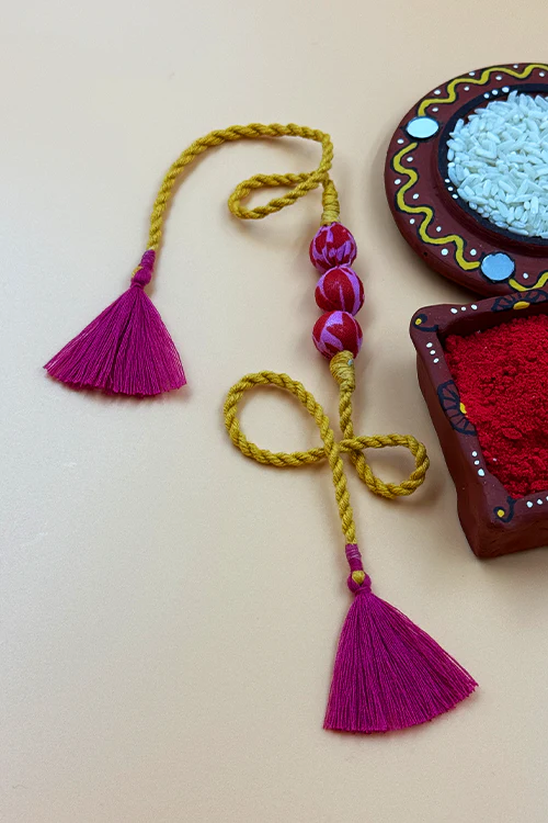 Antarang (Set Of 2) Upcycle Rakhi 100% Cotton, Bhai Rakhi. Ocher Yellow, Made By Divyang Rural Women - Image 2