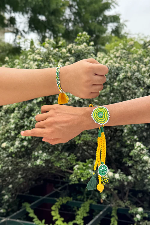 Antarang Yellow Green Bhai-Bhabhi Rakhi Set - Image 3