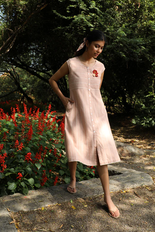 Rangsutra Arka Cotton Peach Striped Dress - Image 3