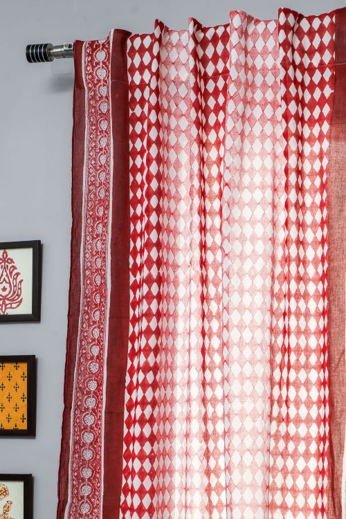 Sooti Syahi Artistic Red Illusions Hand Block Printed Window Curtain - Image 5