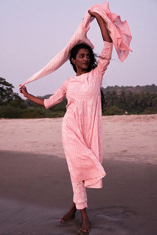 Okhai 'Awaken' Mul Cotton Hand Block Printed Kurta Pant Dupatta Set - Image 5