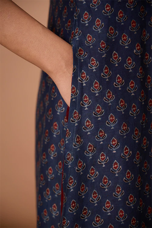 Okhai "Azure Prism" Handblock Printed Chanderi Silk Ajrakh Kurta Pant Set - Image 11