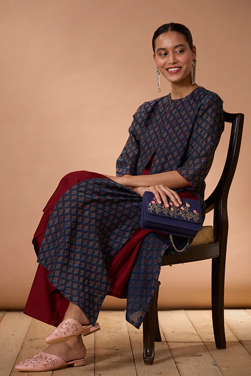Okhai "Azure Prism" Handblock Printed Chanderi Silk Ajrakh Kurta Pant Set - Image 12