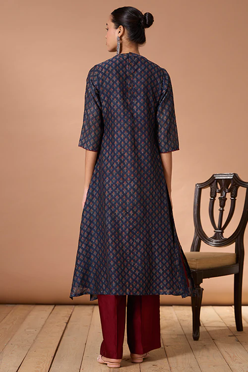 Okhai "Azure Prism" Handblock Printed Chanderi Silk Ajrakh Kurta Pant Set - Image 3