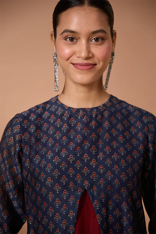 Okhai "Azure Prism" Handblock Printed Chanderi Silk Ajrakh Kurta Pant Set - Image 4