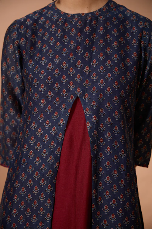 Okhai "Azure Prism" Handblock Printed Chanderi Silk Ajrakh Kurta Pant Set - Image 6