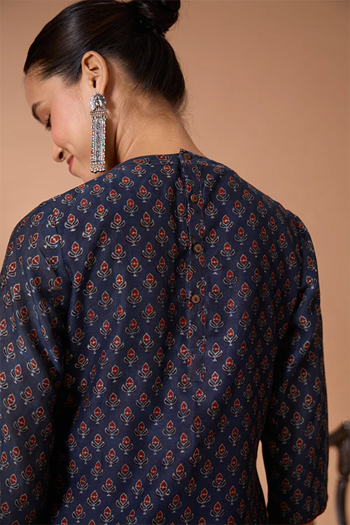 Okhai "Azure Prism" Handblock Printed Chanderi Silk Ajrakh Kurta Pant Set - Image 7