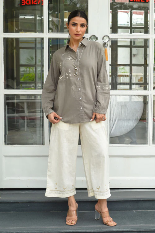 Rangsutra Bagh Cotton Full Sleeve Grey Hand Embroidered Top - Image 4