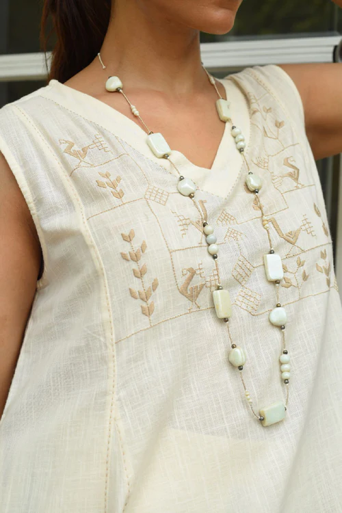 Bagh Cotton V Neck Off White Hand Embroidered Dress - Image 2