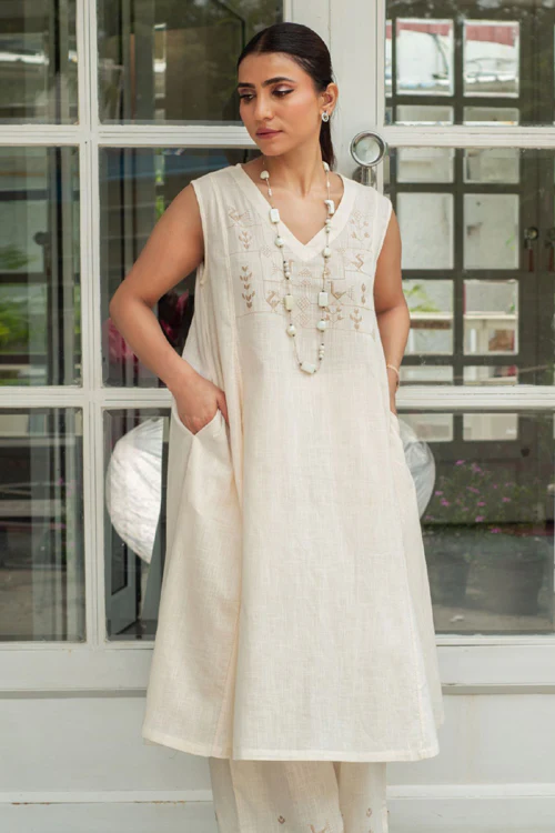 Bagh Cotton V Neck Off White Hand Embroidered Dress - Image 5