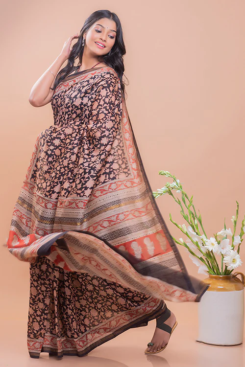 TICH Classic Elegance. Bagru Block Printed Chanderi Saree - Black Floral - Image 3