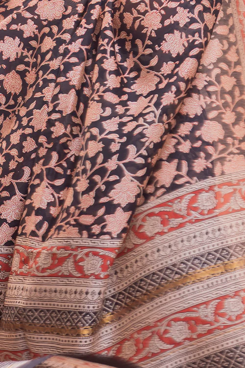 TICH Classic Elegance. Bagru Block Printed Chanderi Saree - Black Floral - Image 4