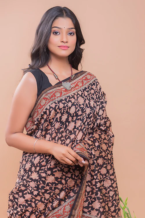 TICH Classic Elegance. Bagru Block Printed Chanderi Saree - Black Floral - Image 5