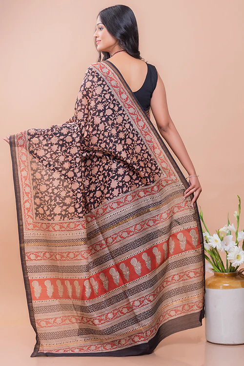 TICH Classic Elegance. Bagru Block Printed Chanderi Saree - Black Floral - Image 6