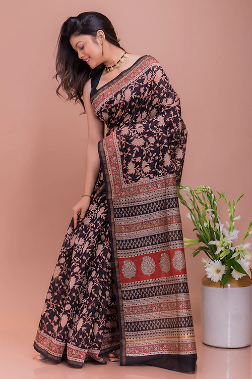 TICH Classic Elegance. Bagru Block Printed Chanderi Saree - Black Leaves - Image 3