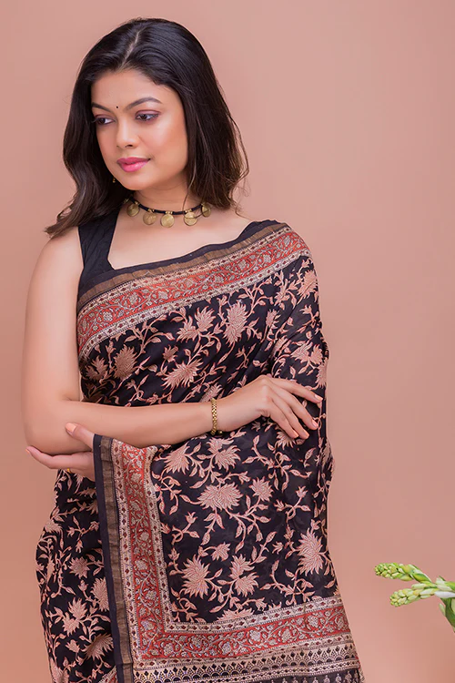 TICH Classic Elegance. Bagru Block Printed Chanderi Saree - Black Leaves - Image 4