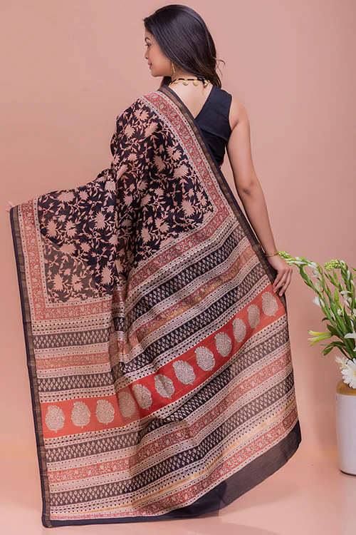 TICH Classic Elegance. Bagru Block Printed Chanderi Saree - Black Leaves - Image 6