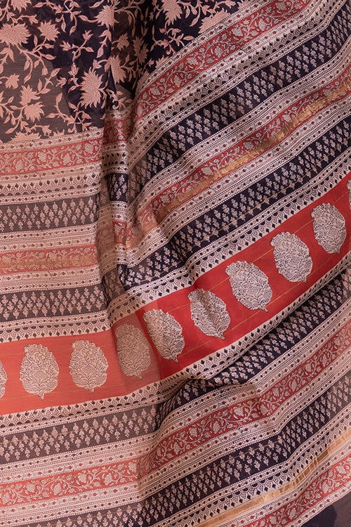 TICH Classic Elegance. Bagru Block Printed Chanderi Saree - Black Leaves - Image 7