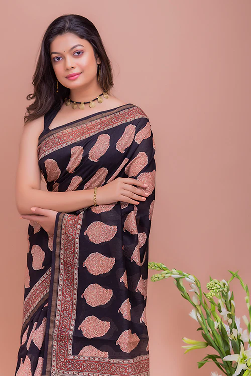 TICH Classic Elegance. Bagru Block Printed Chanderi Saree - Black Motifs - Image 3