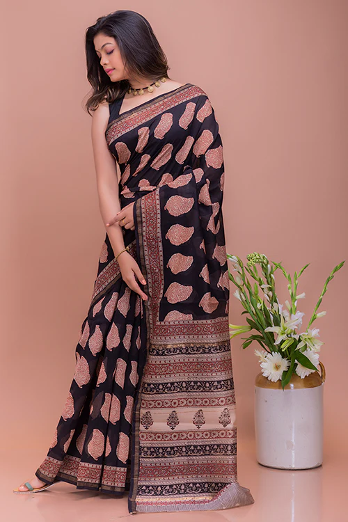 TICH Classic Elegance. Bagru Block Printed Chanderi Saree - Black Motifs - Image 4
