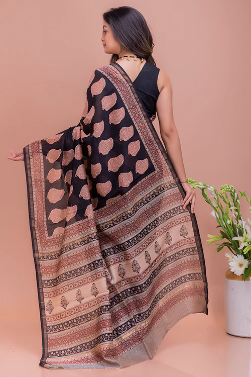 TICH Classic Elegance. Bagru Block Printed Chanderi Saree - Black Motifs - Image 5